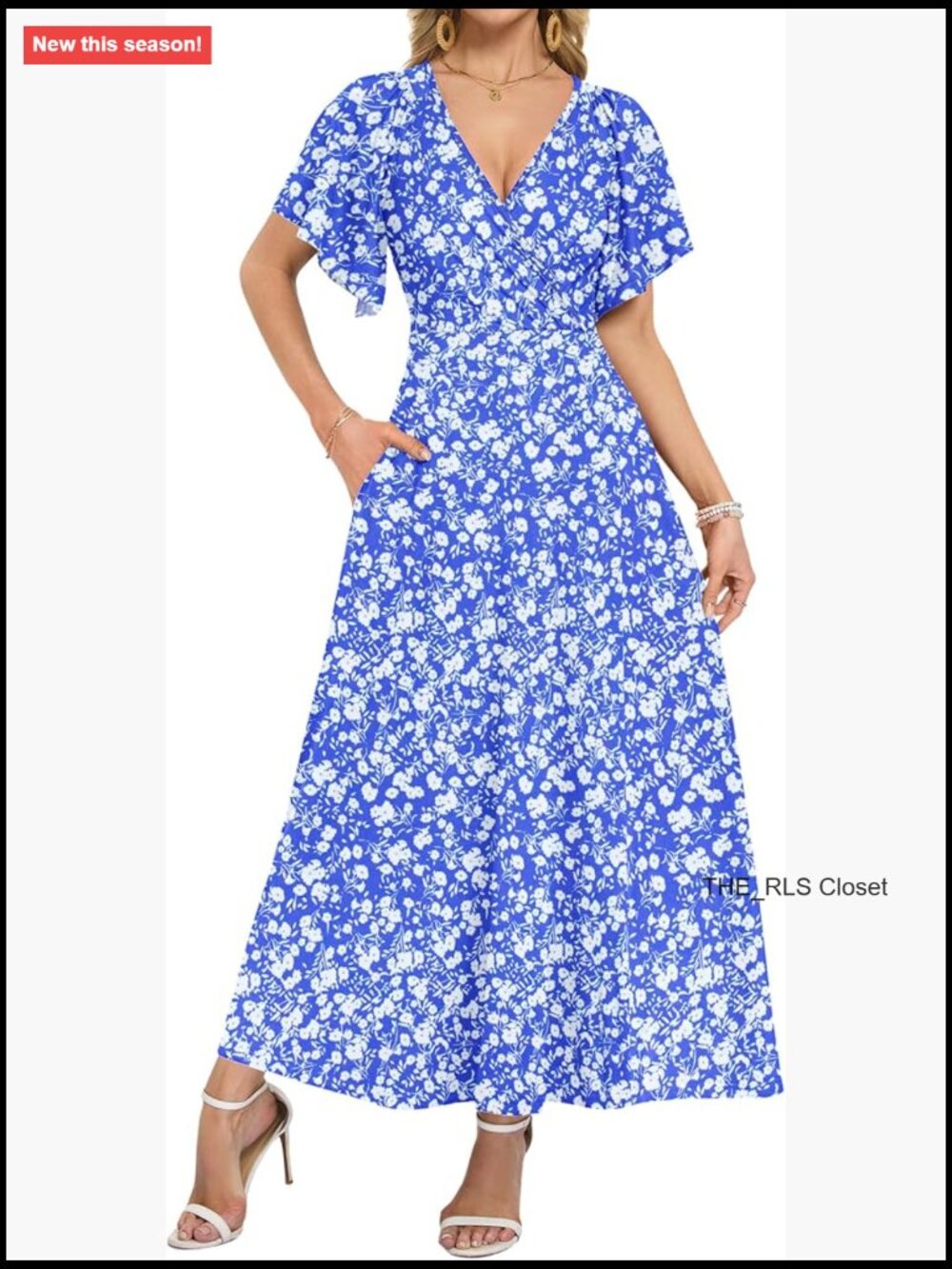 Women's Maxi Dress Flowy Wrap Deep V Neck Ruffle Sleeve with Pockets